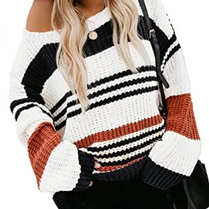 KIRUNDO 2023 Fall Winter Women's Striped Color Block Short Sweater Long Sleeve Crew Neck Casual Loose Knit Pullover Tops(Medium, 1977-Orange)