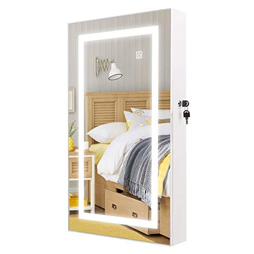 HollyHOME Lockable Jewelry Cabinet Armoire Wall Mount Touch Screen LED Light Mirrored Jewelry Cabinet Storage Organizer White