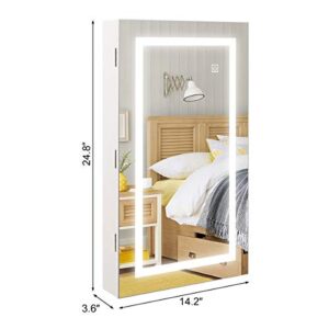 HollyHOME Lockable Jewelry Cabinet Armoire Wall Mount Touch Screen LED Light Mirrored Jewelry Cabinet Storage Organizer White