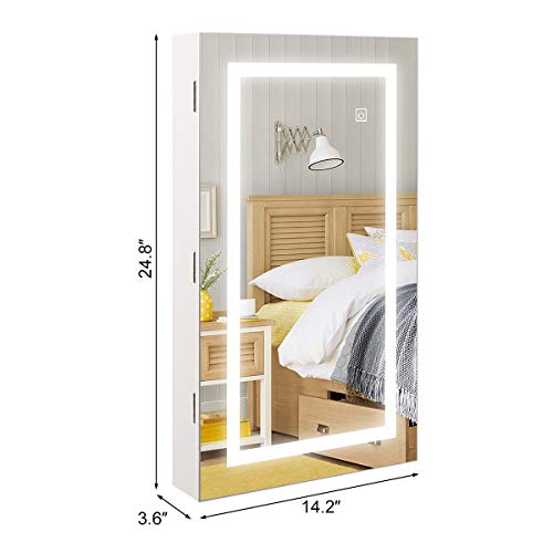 HollyHOME Lockable Jewelry Cabinet Armoire Wall Mount Touch Screen LED Light Mirrored Jewelry Cabinet Storage Organizer White