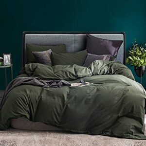 ecocott 3 pieces duvet cover set queen 100% washed cotton 1 duvet cover with zipper and 2 pillowcases, ultra soft and easy care breathable cozy simple style bedding set (avocado green)