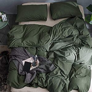 ECOCOTT 3 Pieces Duvet Cover Set Queen 100% Washed Cotton 1 Duvet Cover with Zipper and 2 Pillowcases, Ultra Soft and Easy Care Breathable Cozy Simple Style Bedding Set (Avocado Green)