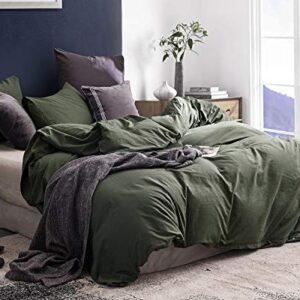 ECOCOTT 3 Pieces Duvet Cover Set Queen 100% Washed Cotton 1 Duvet Cover with Zipper and 2 Pillowcases, Ultra Soft and Easy Care Breathable Cozy Simple Style Bedding Set (Avocado Green)