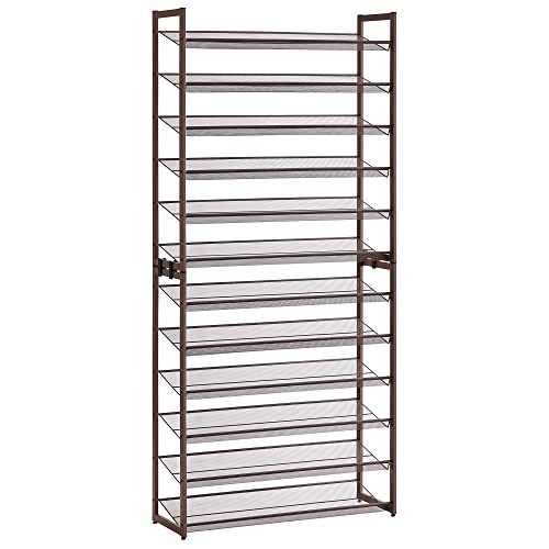 SONGMICS Shoe Rack, 12-Tier Tall Metal Shoe Storage Organizer for Closet, Entryway, Garage, Set of 2 6-Tier Big Stackable Shoes Rack Shelf, Adjustable Feet, Slanted Shelves, Holds 48-60 Pairs, Bronze