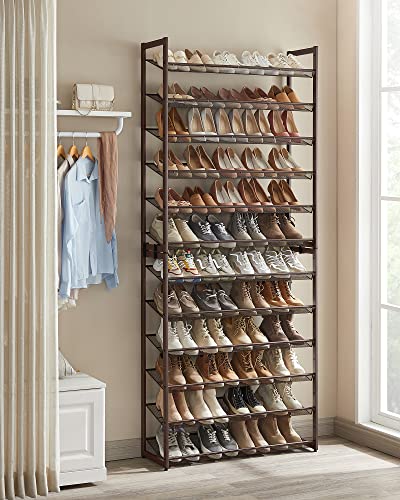 SONGMICS Shoe Rack, 12-Tier Tall Metal Shoe Storage Organizer for Closet, Entryway, Garage, Set of 2 6-Tier Big Stackable Shoes Rack Shelf, Adjustable Feet, Slanted Shelves, Holds 48-60 Pairs, Bronze