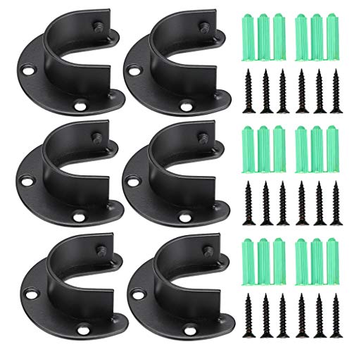 OwnMy 6 Packs Closet Rod End Supports Curtain Flange Rod Holder 1-1/4" Diameter, U Shaped Stainless Steel Closet Pole Sockets Opening Flange Rod Bracket for Closet Shelf Wardrobe Shower Curtain, Black