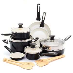 greenpan rio healthy ceramic nonstick 16 piece cookware pots and pans set, pfas-free, dishwasher safe, black