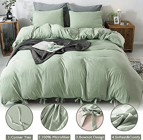 annadaif Green Duvet Cover Twin Size, 2 Pieces Soft Washed Microfiber Duvet Cover Set, Comforter Cover with Bowknot Bow Tie (1 Duvet Cover 66x90 Inch, 1 Pillowcases) Easy Care Bedding Set