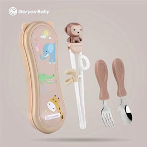 Goryeo Baby Toddler Utensils Stainless Steel Kids Silverware Set with Kids Training Chopsticks and Baby Spoon and Fork for Self Feeding Learning with Case (3PCS)(Brown)