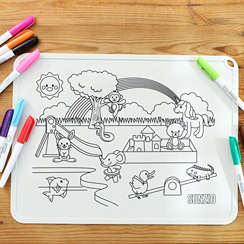 SunZio Silicone Suction Placemats for Kids, Coloring, Non Slip Place Mats, Table Mats for Baby & Toddler, 2 Pad Placemat Set with Markers, Travel Friendly, Washable & Reusable