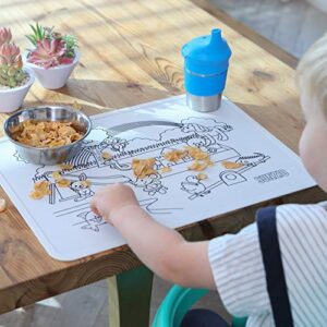 SunZio Silicone Suction Placemats for Kids, Coloring, Non Slip Place Mats, Table Mats for Baby & Toddler, 2 Pad Placemat Set with Markers, Travel Friendly, Washable & Reusable