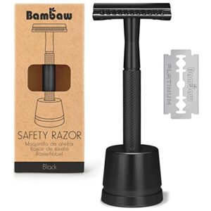 bambaw double edge safety razor, single blade razor for men with razor stand, men's safety shaving razors – black