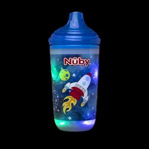 nuby insulated light-up plastic cup with no spill bite resistant hard spout, 10 oz, blue space