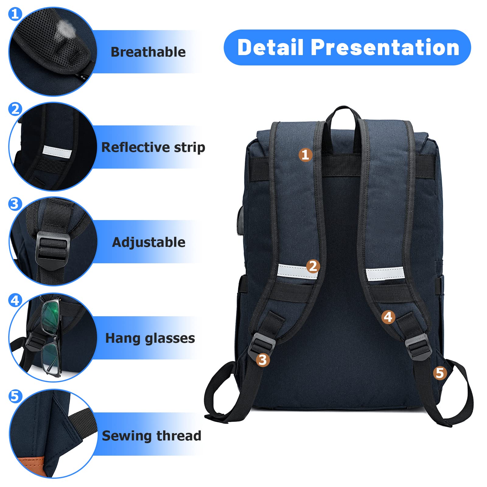 HFSX Anti Theft Laptop Backpack Men Women Business Travel Computer Backpack College Bookbag Stylish Water Resistant Vintage Backpack with USB Port Fits 15.6 Inch Laptop Blue