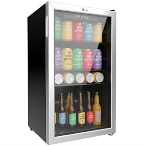 vremi beverage refrigerator and cooler - 100 to 120 can mini fridge with glass door for soda beer or wine - auto defrost drink dispenser machine for office or bar with adjustable removable shelves