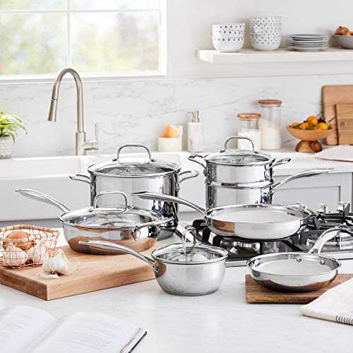 Amazon Basics Stainless Steel 11-Piece Cookware Set, Pots and Pans, Silver