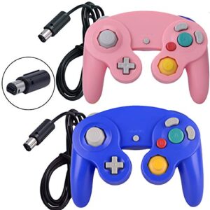 one250 2 pack classic shock joypad wired controller, compatible with wii ngc gamecube game cube (blue & pink)
