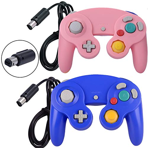 ONE250 2 Pack Classic Shock Joypad Wired Controller, Compatible with Wii NGC Gamecube Game Cube (Blue & Pink)