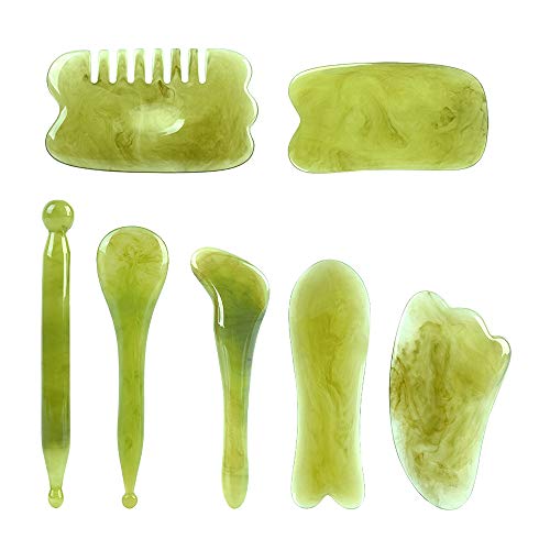 alavisxf xx Gua Sha Facial Tool, Resin Chinese Gua Sha Massage Tool, 7 in 1 Stree Relief Anti-Aging Anti-Wrinkle Gua Sha Scraping Tools Kit for Face Body Leg Back (Green)