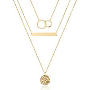 Turandoss Dainty Interlocking Circles Necklace Bar Hammered Disc Necklace 14K Gold Simple Necklace Women Jewelry Layered Necklace Gold Choker Necklaces for Women