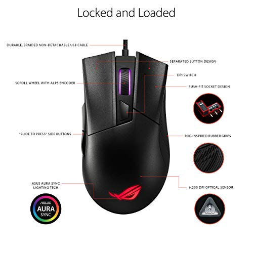 ASUS Optical Gaming Mouse - ROG Gladius II Core | Ergonomic Right-hand Grip | Lightweight PC Gaming Mouse | 6200 DPI Optical Sensor | Omron Switches | 6 Buttons | Aura Sync RGB Lighting