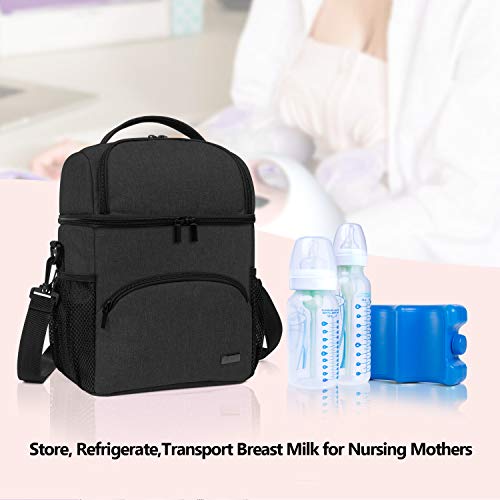 Teamoy Double Layer Breastmilk Cooler Bag with Ice Pack, Travel Baby Bottle Cooler Bag Tote Up To 6 Large 9 Ounce Bottles, Black
