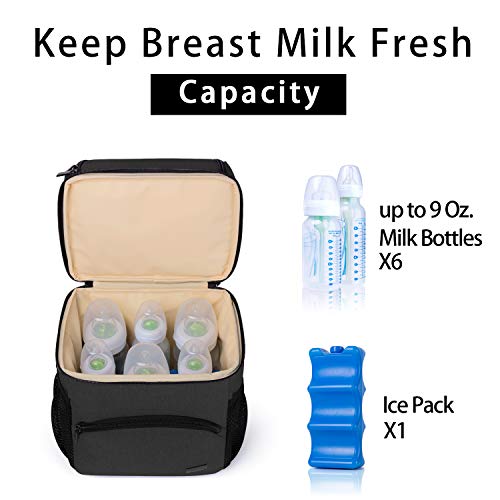 Teamoy Double Layer Breastmilk Cooler Bag with Ice Pack, Travel Baby Bottle Cooler Bag Tote Up To 6 Large 9 Ounce Bottles, Black