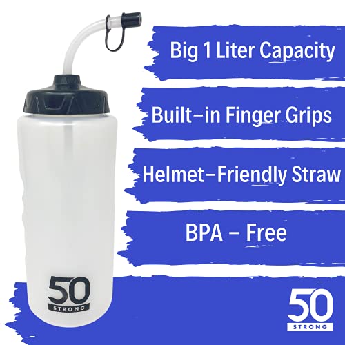 1 Liter Water Bottle with Straw | Hockey Water Bottle with Long Straw | Easy Squeeze Bottles + Built In Finger Grip | BPA-Free Sports Water Bottle for Football, Lacrosse & Boxing | Made in USA