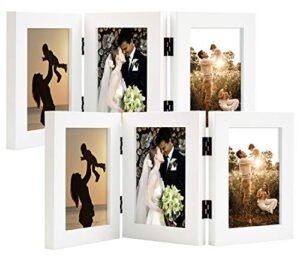 golden state art, 4x6 three picture frame trifold hinged photo frame with 3 openings, desk top family picture collage, with real glass (4x6 triple, white, 2-pack)
