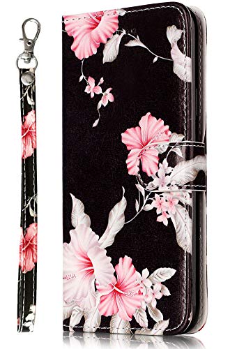 JanCalm Compatible with iPhone 11 Wallet Case, Floral Pattern Premium PU Leather [Wrist Strap] [Card/Cash Slots] Stand Feature Flip Cases Cover for iPhone 11 Case Wallet (Black/Flower)