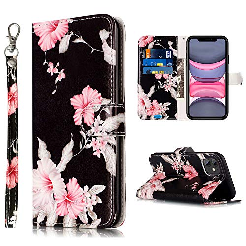 JanCalm Compatible with iPhone 11 Wallet Case, Floral Pattern Premium PU Leather [Wrist Strap] [Card/Cash Slots] Stand Feature Flip Cases Cover for iPhone 11 Case Wallet (Black/Flower)