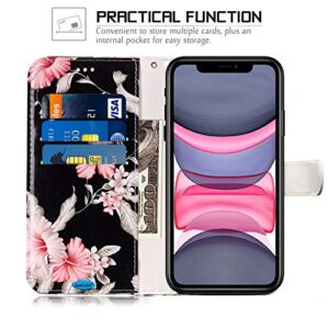 JanCalm Compatible with iPhone 11 Wallet Case, Floral Pattern Premium PU Leather [Wrist Strap] [Card/Cash Slots] Stand Feature Flip Cases Cover for iPhone 11 Case Wallet (Black/Flower)