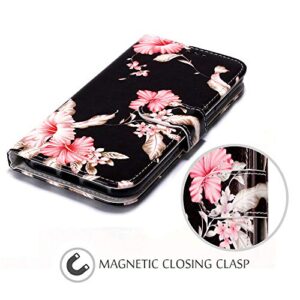 JanCalm Compatible with iPhone 11 Wallet Case, Floral Pattern Premium PU Leather [Wrist Strap] [Card/Cash Slots] Stand Feature Flip Cases Cover for iPhone 11 Case Wallet (Black/Flower)