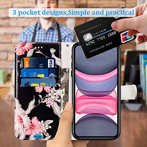 JanCalm Compatible with iPhone 11 Wallet Case, Floral Pattern Premium PU Leather [Wrist Strap] [Card/Cash Slots] Stand Feature Flip Cases Cover for iPhone 11 Case Wallet (Black/Flower)