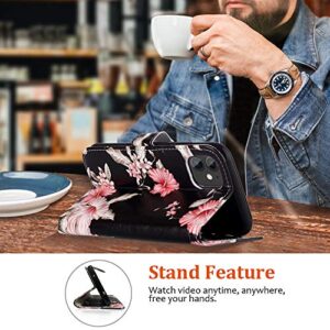 JanCalm Compatible with iPhone 11 Wallet Case, Floral Pattern Premium PU Leather [Wrist Strap] [Card/Cash Slots] Stand Feature Flip Cases Cover for iPhone 11 Case Wallet (Black/Flower)