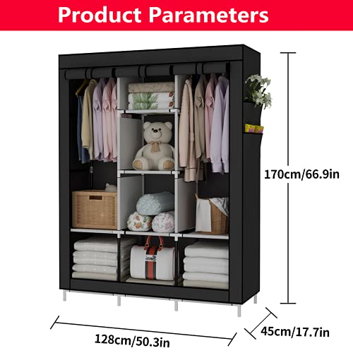 UDEAR Portable Wardrobe Closet Clothes Organizer Non-Woven Fabric Cover with 6 Storage Shelves, 2 Hanging Sections and 4 Side Pockets，Black
