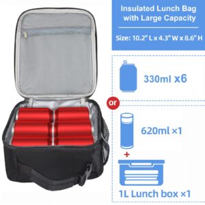 Insulated Lunch Bag, Leakproof Portable Lunch Box for Women Men Boys Girls, Large Capacity Cooler Bag with Handle and Bottle Pocket for Office School Camping Hiking Outdoor Beach Picnic (Black)