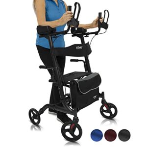 vive mobility upright walker with seat - stand up rollator, arm rests, heavy duty, folding medical aid scooter for elderly, seniors - walking assist, foldable transport chair - 300 lb capacity