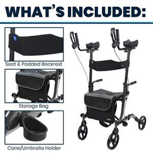Vive Mobility Upright Walker with Seat - Stand Up Rollator, Arm Rests, Heavy Duty, Folding Medical Aid Scooter for Elderly, Seniors - Walking Assist, Foldable Transport Chair - 300 lb Capacity