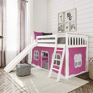 max & lily low bunk bed with slide, twin-over-twin bed frame for kids with curtains for bottom, white/pink