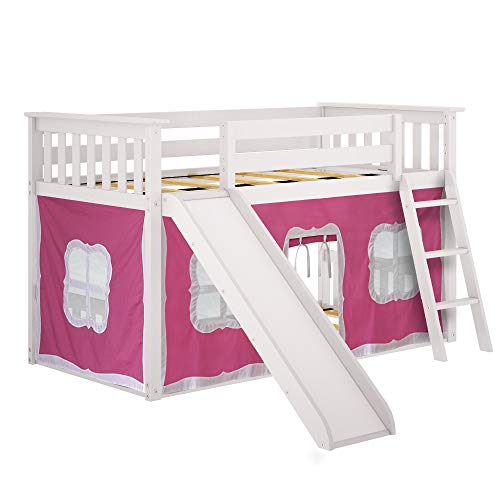 Max & Lily Low Bunk Bed with Slide, Twin-Over-Twin Bed Frame For Kids With Curtains For Bottom, White/Pink