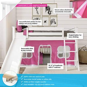 Max & Lily Low Bunk Bed with Slide, Twin-Over-Twin Bed Frame For Kids With Curtains For Bottom, White/Pink