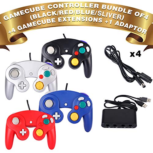 4 Pack Game cube Controller Bundle with 4 Extension Cords and a 4-Port Adapter for S-witch PC Wii U Console