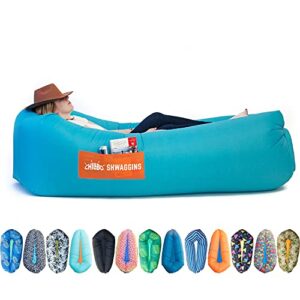 chillbo shwaggins inflatable couch – cool inflatable chair. upgrade your camping accessories. easy setup is perfect for hiking gear, beach chair and music festivals. (cyan + orange)