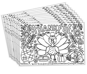 tiny expressions - fall thanksgiving placemats for kids (pack of 12 turkey placemats) | coloring activity paper table mats for children to write thankful list | disposable bulk bundle set