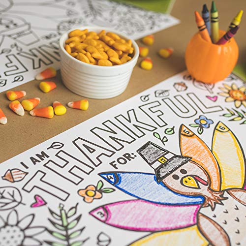 Tiny Expressions - Fall Thanksgiving Placemats for Kids (Pack of 12 Turkey Placemats) | Coloring Activity Paper Table Mats for Children to Write Thankful List | Disposable Bulk Bundle Set
