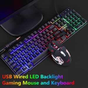 RGB Gaming Keyboard and Colorful Mouse Combo,USB Wired LED Backlight Gaming Mouse and Keyboard for Laptop PC Computer Gaming and Work,Letter Glow,Mechanical Feeling