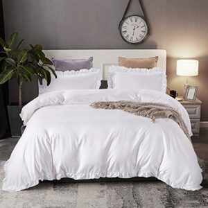hyprest white duvet cover queen size- soft lightweight cooling aesthetic farmhouse ruffled duvet cover bedding comforter cover with 1 duvet cover and 2 shams, oeko-tex certificated (no comforter)