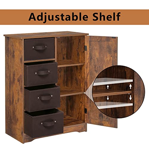 usikey Storage Cabinet with 4 Removable Drawers and 1 Door, Accent Floor Cabinet with Adjustable Shelves, Cupboard for Living Room, Bedroom, Rustic Brown