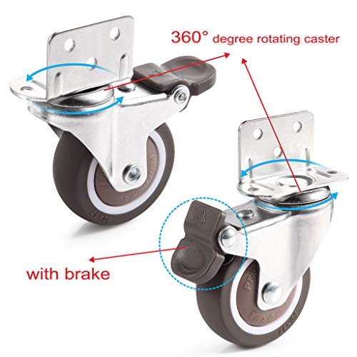 Skelang 4 Pcs 2 Inches Swivel Plate Casters with Brake, TPE Caster, L- Shaped Mute Wheels Replacement for Baby Bed, Carts Trolley, Kitchen Cabinet, Furniture, Table, Loading Capacity 240 Lbs